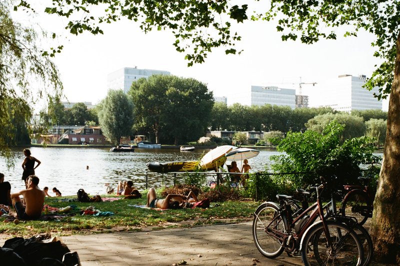 The image depicts a lively outdoor scene. A park with trees and benches is visible, where several people are relaxing and enjoying the day. They are s