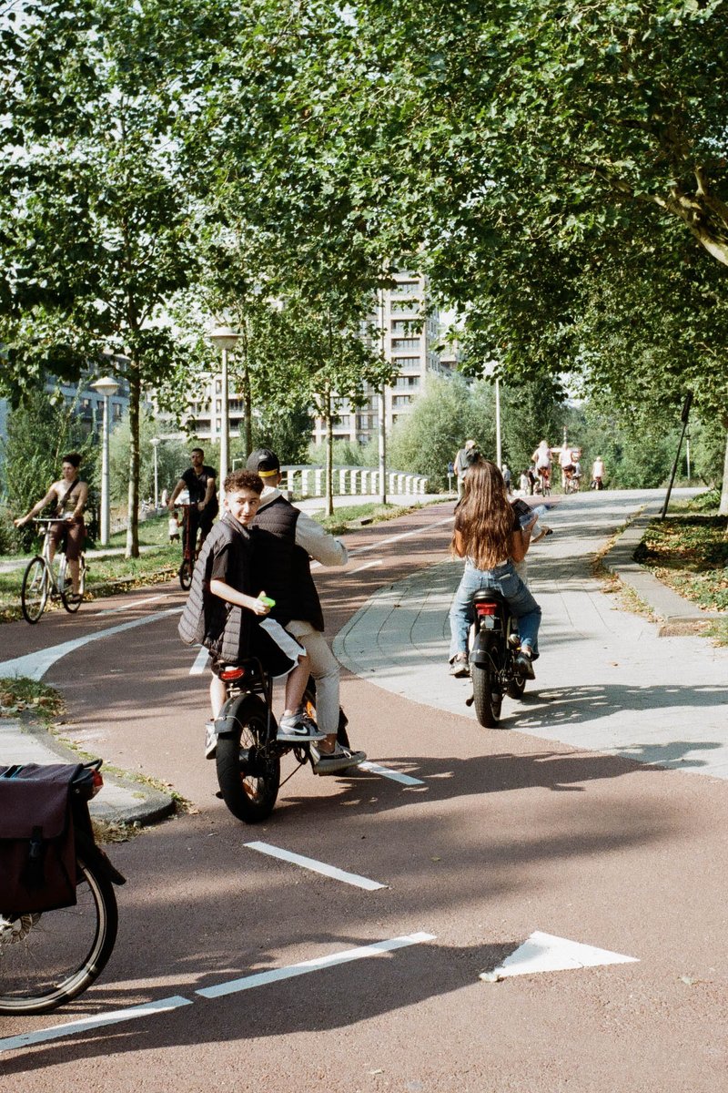 The photo shows a serene scene of people riding bicycles on a city street. They're moving along a bike path that is surrounded by lush green trees, cr
