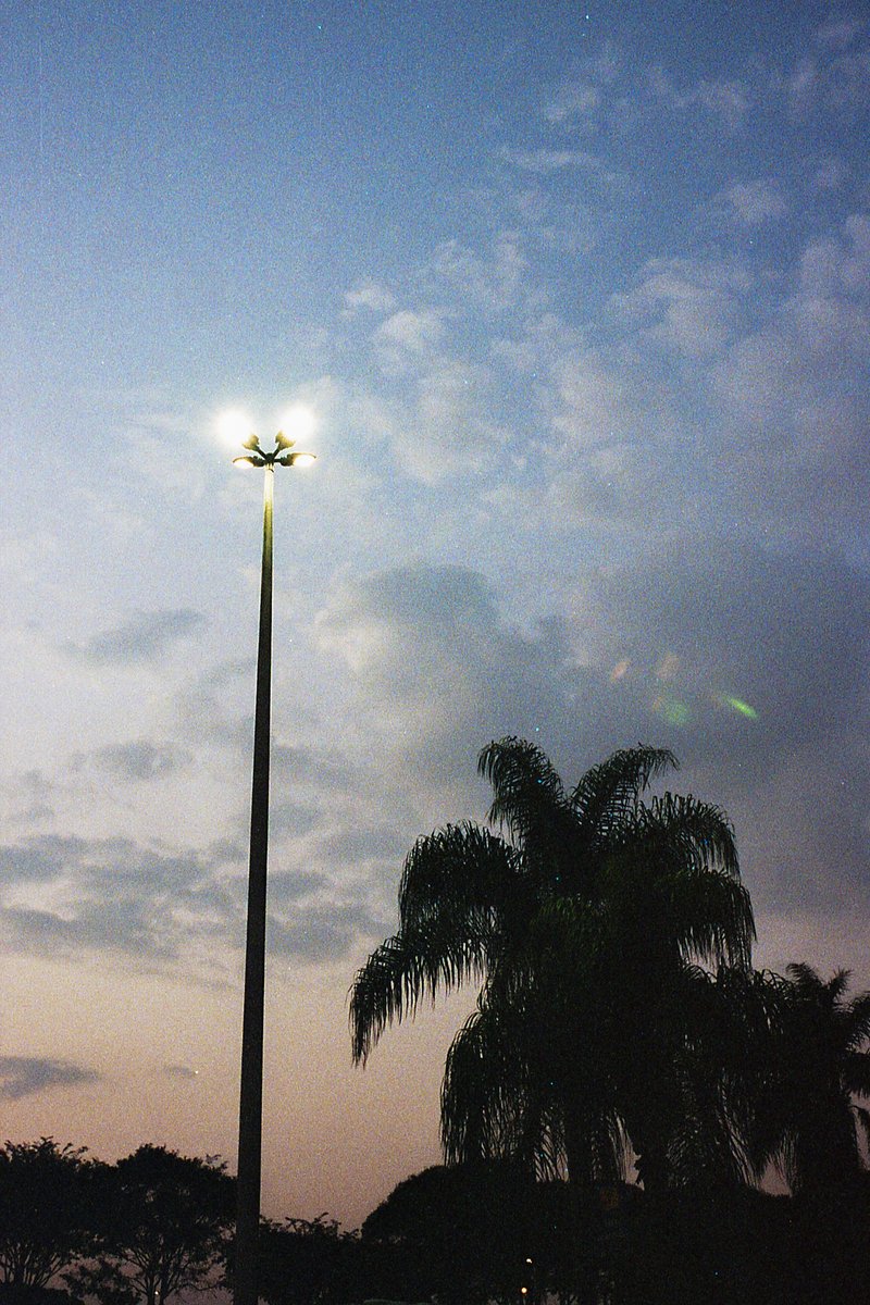 This image captures a tranquil night scene. In the foreground, there's a solitary street light casting a warm glow on the surrounding area. The sky is