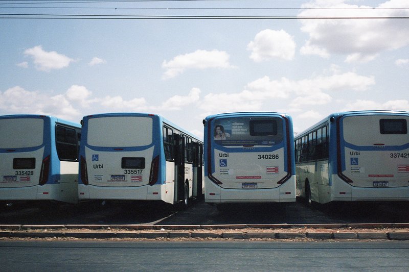 The image showcases a line of three blue and white city buses parked next to each other. They are positioned on what appears to be a roadway or parkin