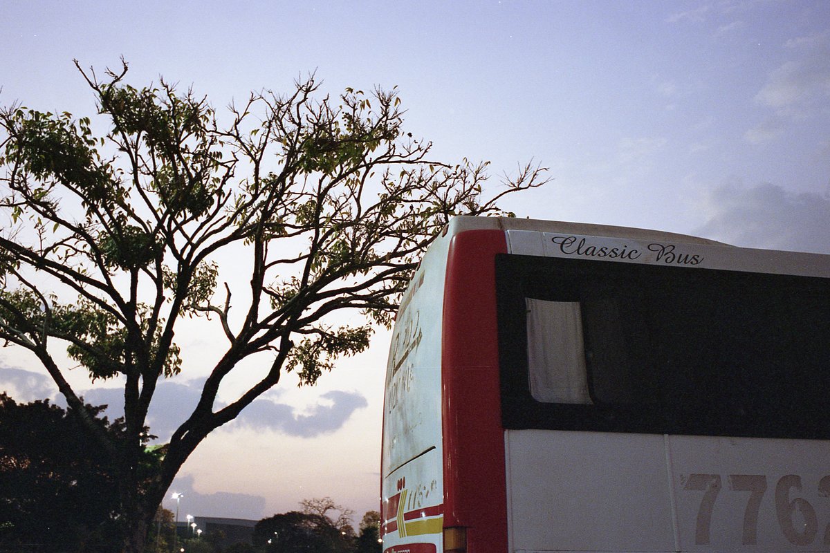 The image features a large passenger bus parked at sunset. The bus is red and white with some visible text reading "Classic Bus." It's under a clear s