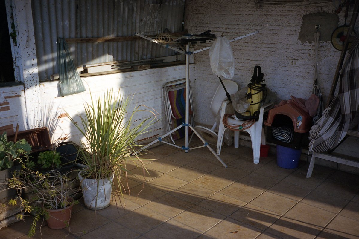 The image is a photograph of an outdoor space that appears to be the lower level or patio area of a house. It is daytime and sunlight illuminates the 