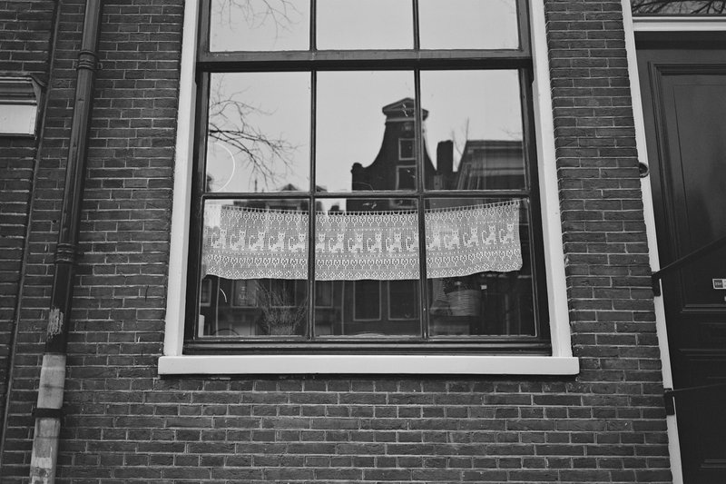 The image displays a window with a white frame, adorned with a lace curtain hanging inside it. The window has multiple panes, through which one can see an exterior brick wall with some vegetation. The surrounding area looks like a residential neighborhood with similar houses visible in the background.