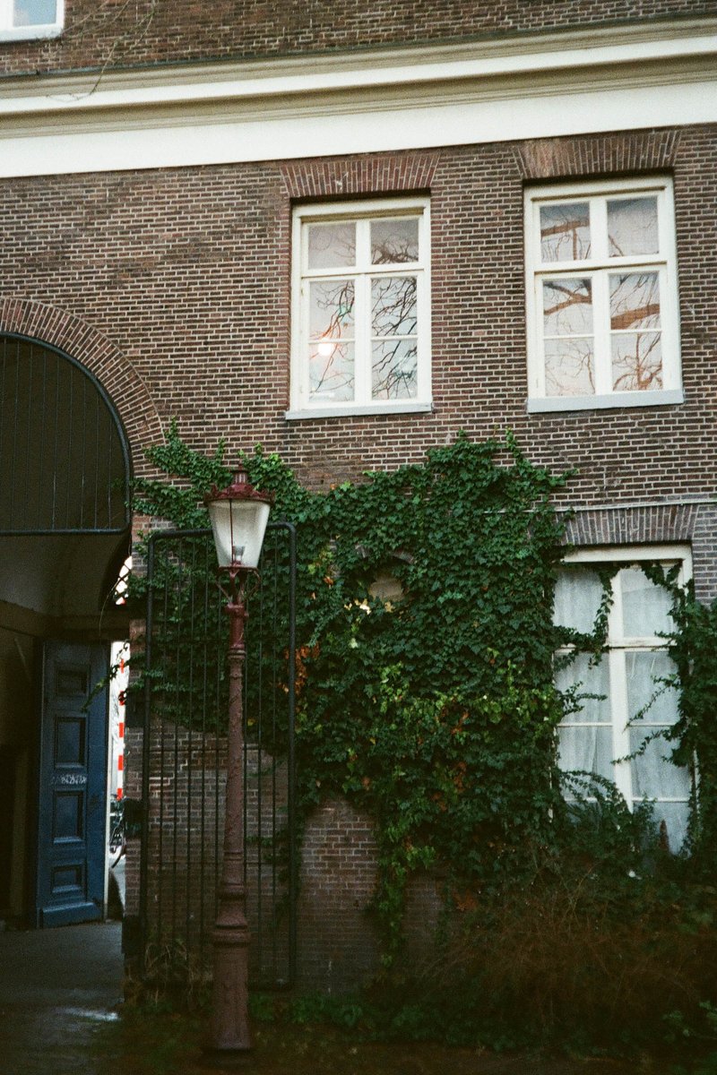 The image shows an old brick building with a classic design featuring large windows and a prominent central window. In front of the building is a small fenced area with a streetlamp and a well-maintained garden with climbing plants. There's a hint of greenery near the entrance, adding to the old-world charm of the scene.