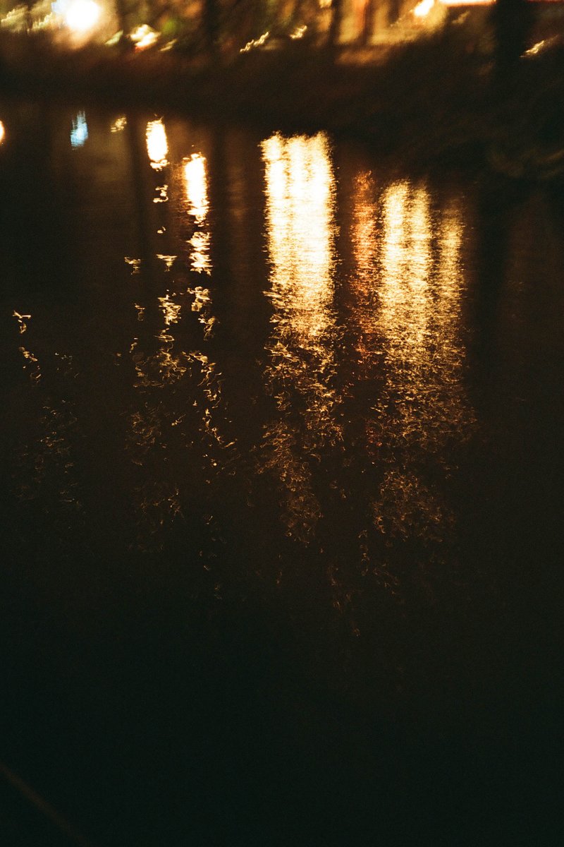 The image depicts a night scene with reflections of light on wet surfaces, possibly rain or a pond. In the background, there's a line of lights along the edge of what might be water or road, creating a serene and reflective atmosphere. There is no visible text in this image.