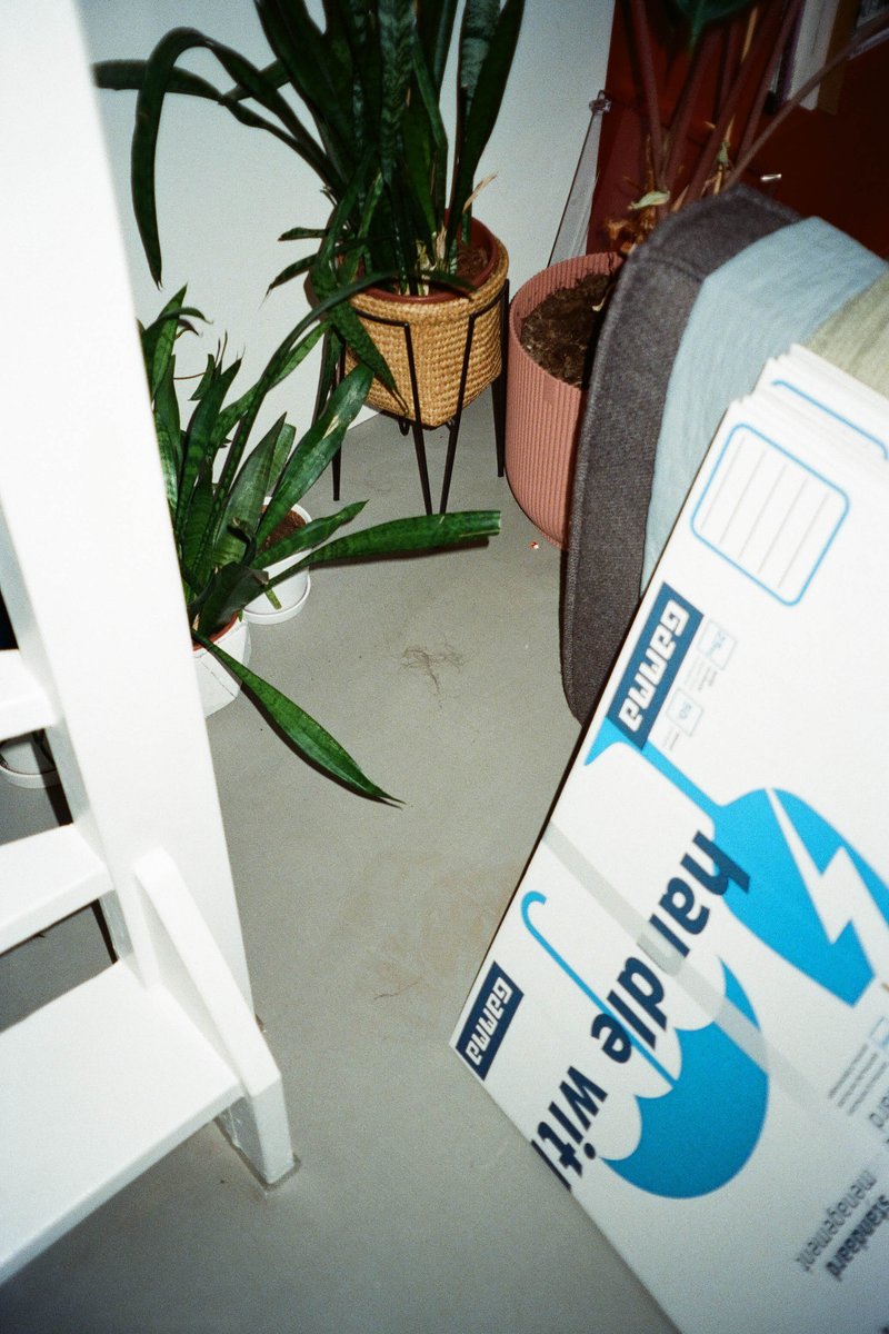 The image shows a cozy living room setting with an emphasis on a cardboard box leaning against a wall. The box is white with blue text reading "BAMBERGER HARDWARE WASHING MACHINE" and features an illustration of a washing machine, suggesting that it's advertising or displaying a new or unused appliance.