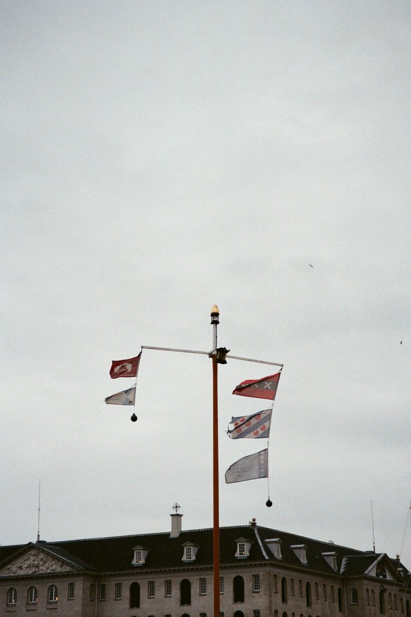 The image shows an outdoor scene with flags mounted on poles. There are multiple flags visible at various heights. Some of the flags are at a lower level, while others are elevated. In the background, there is a building, which appears to be a part of an official or historical structure. The sky is overcast, and it's not clear whether it's raining or not due to the lack of rain droplets on the glass.
