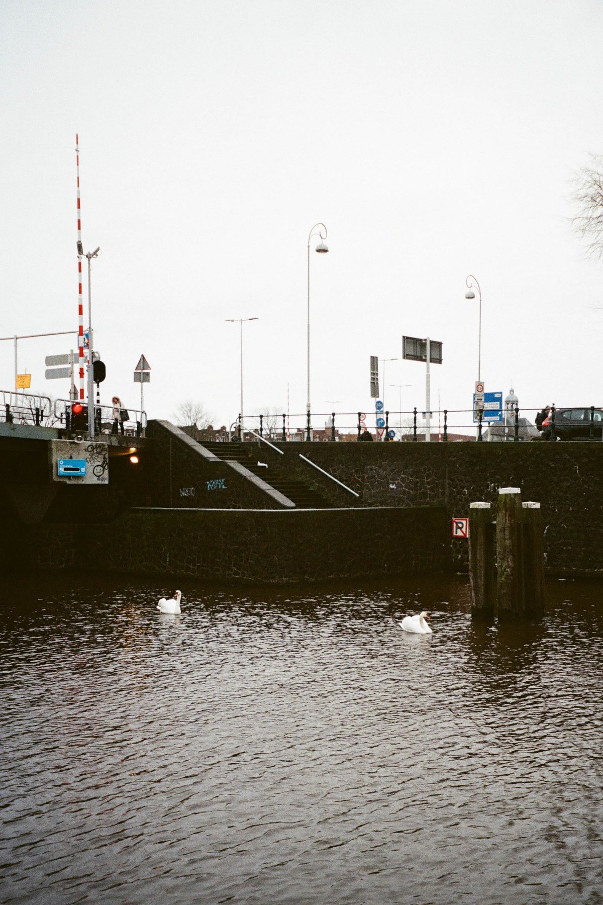 The image depicts a body of water with a black and white railing, providing safety along its edge. On this railing, there's a person standing. Behind the water, partially obscured by it, is a road where cars are passing by. There are also pedestrians visible on the roadway. The sky above is overcast, suggesting an overcast day. 