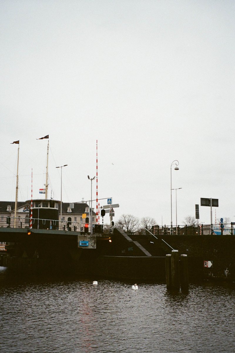 This is a black and white photo capturing a tranquil scene at dusk or dawn. The primary subject is a waterway with boats resting near the riverbank. Alongside the water, there are buildings partially obscured by foliage, and the silhouette of a crane in the background suggests ongoing construction activity. Street lamps and traffic lights, both visible in the image, hint at a cityscape nearby. The waterway is flanked by trees and grass, adding a touch of nature to this urban environment.