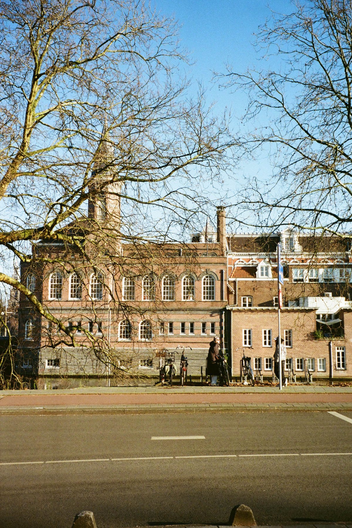  The image shows a large, ornate building that is likely a courthouse or public building, featuring a prominent clock tower. In front of the building, there's a tree with sparse leaves, suggesting it might be late autumn or early spring. There are also some people walking in front of the building. Additionally, there appears to be a street or sidewalk leading up to the building. The sky is clear and blue, indicating good weather at the time the photo was taken. 