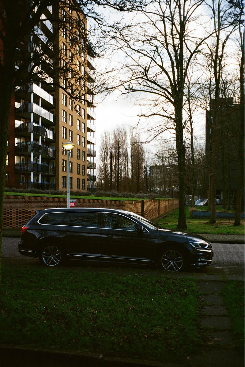 The image depicts a residential area with a dark SUV parked near a sidewalk, adjacent to a fence and a few trees. In the background, there is a building and a sky that appears to be overcast. The colors are muted, with the greys of the car, trees, and the overcast sky being dominant. The photo has an artistic filter applied, giving it a slightly abstracted quality.