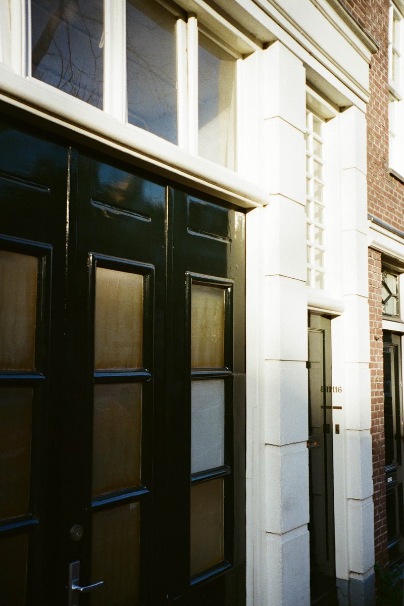 The image depicts a close-up of an ornate wooden door with multiple panels, each framed by intricate carving details. It is situated within the architectural facade of a brick building that features bay windows on either side of the door. There are two contrasting colors visible: white for the door and black for the building's bricks. The photo has a digital glitch effect applied, causing distortions in color and pattern throughout the image.