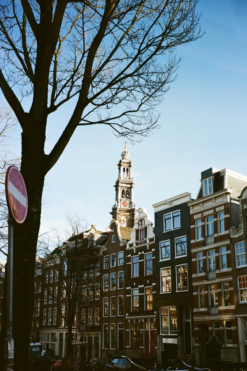 The image depicts an urban street scene with a row of townhouses visible. The buildings have intricate details such as decorative trims and ornate windows. In the foreground, there is a tree with bare branches, indicating it could be late autumn or winter. To the left, there's a large building with multiple levels of architecture, and to the right, there's a more modern structure. The sky is overcast, suggesting an early morning or late afternoon time. There are no people in the image, giving it a tranquil atmosphere.