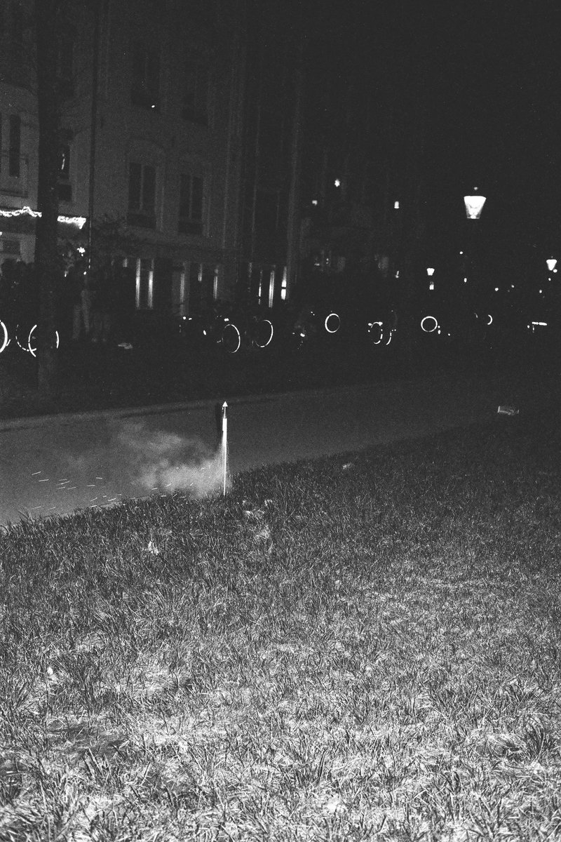 The image is a black and white photo of a night scene on a city street. A dog is seen standing in the middle of the road, looking at something. There'