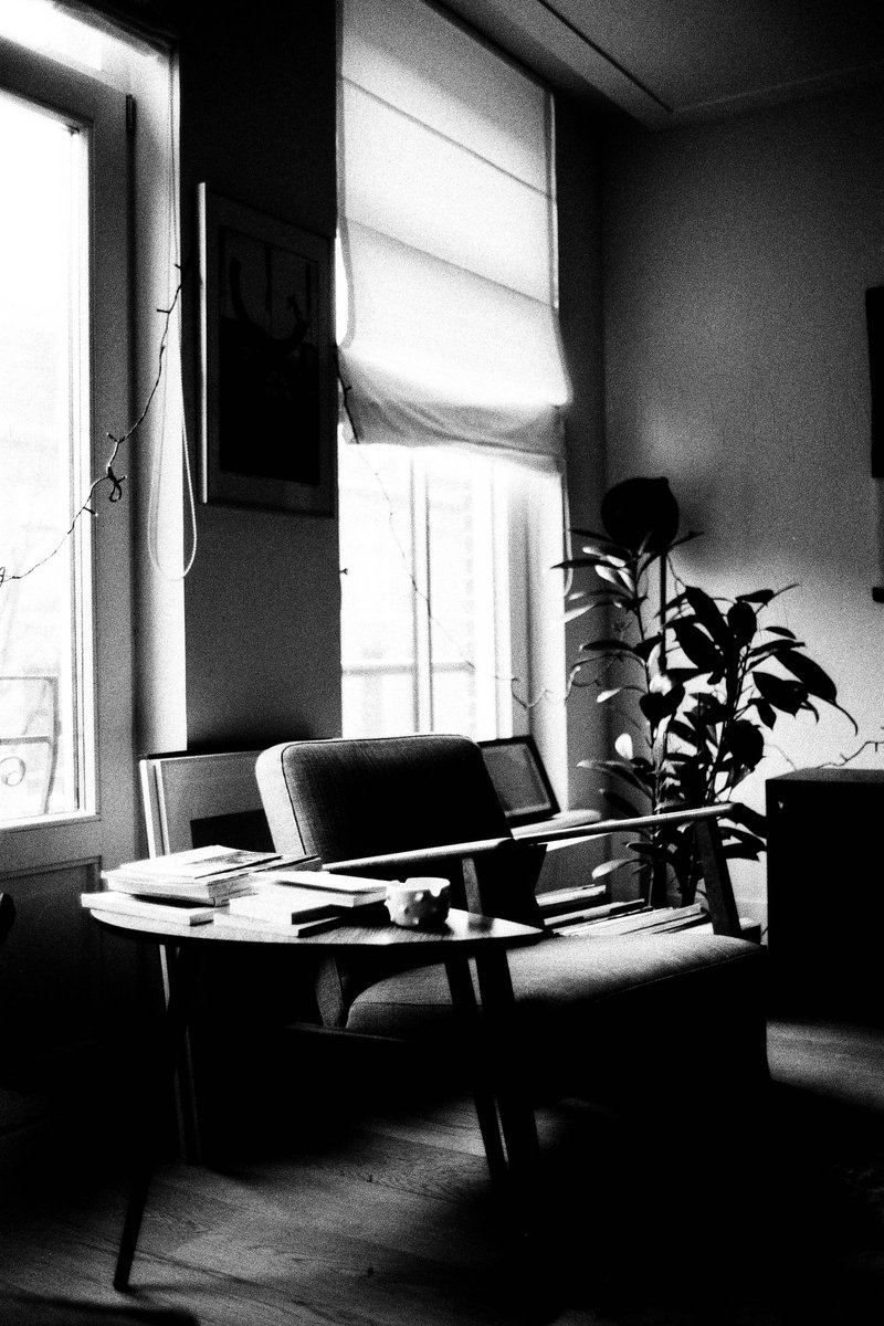 The image is a black and white photo of a room. It captures a serene moment with natural light streaming through the window onto the sofa, which is si