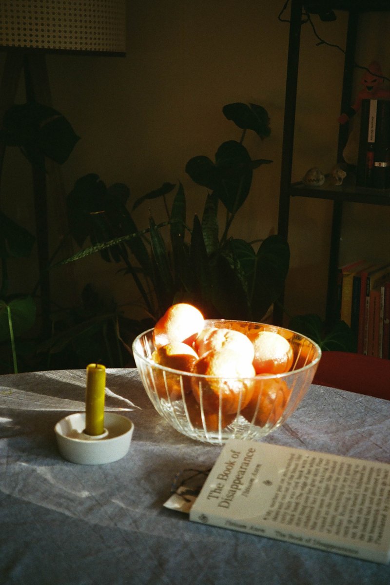 The image depicts a serene indoor setting. On a dining table, there is a bowl of fruit containing oranges and possibly other fruits. To the right of the bowl, there's a small candle in a cup holder, creating a warm ambiance with its lit flame. Additionally, there are some books visible near the edge of the frame. The room has minimal decoration, allowing the focus to remain on the main subjects. The colors are muted and soft, contributing to the overall peaceful atmosphere.