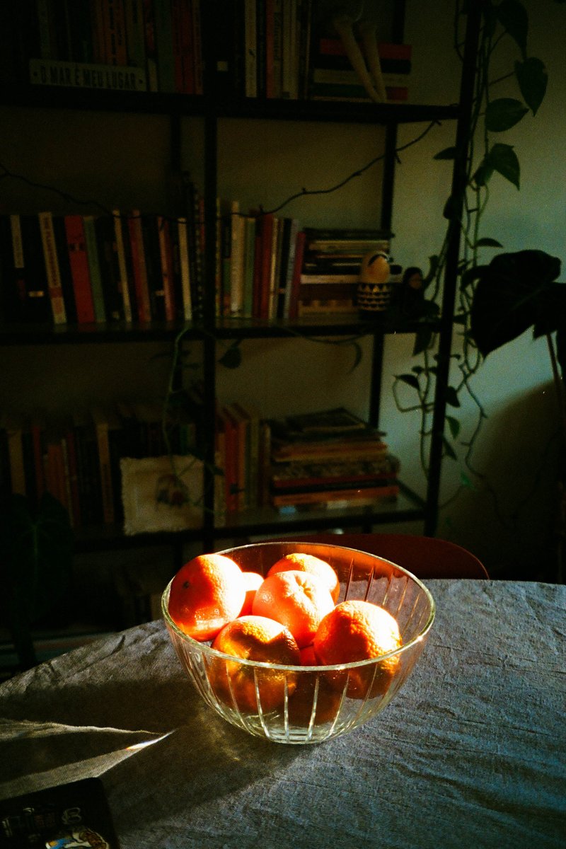 The image shows a cozy scene with a bowl of red oranges placed on top of a table. Behind the table, there is a bookshelf filled with various books, giving an impression of a well-used reading space. On the right side of the room, a vase can be seen. The overall mood of the image is warm and inviting, likely from natural light entering through a window out of frame.